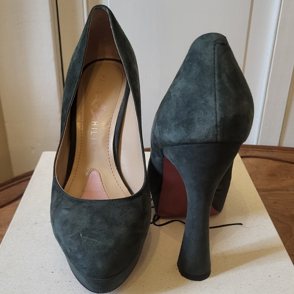 Paris Hilton green suade high heels